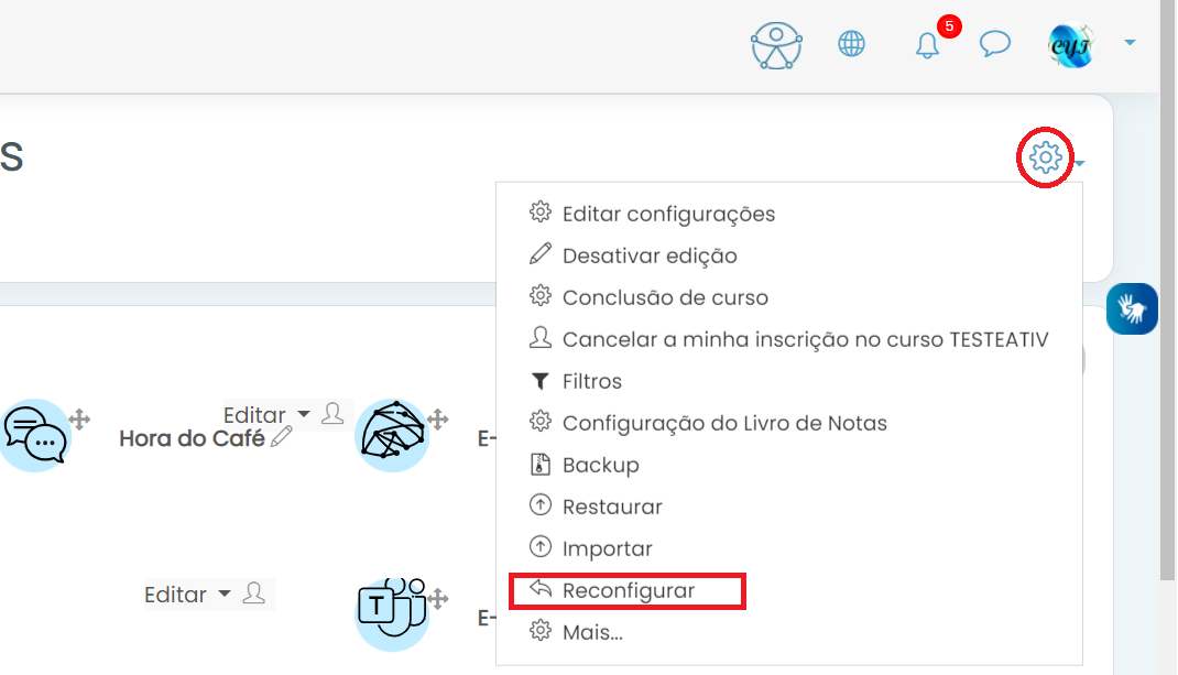 Menu configurações