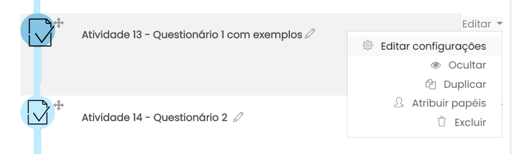 Menu configurações