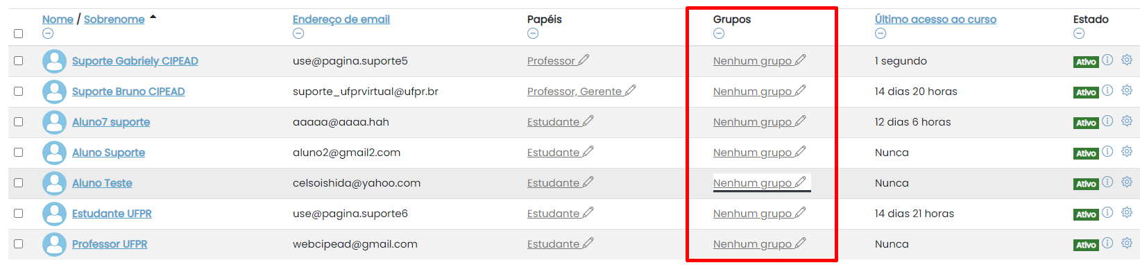 Grupos nas listas de participantes