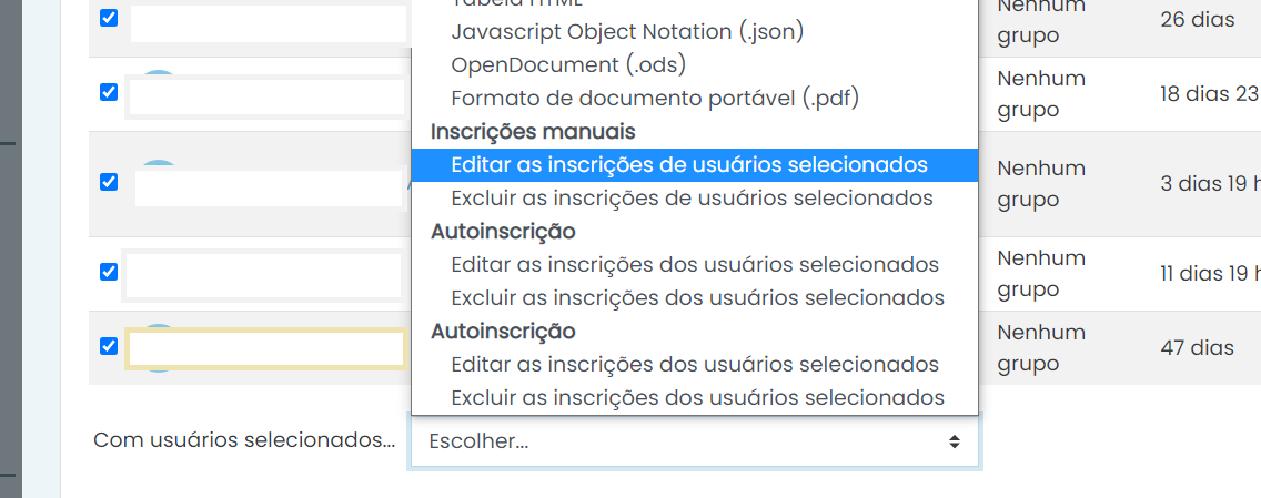 opção 'Editar as inscrições de usuários selecionados'