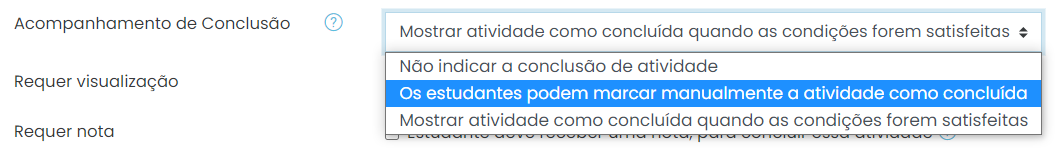 opção 'Os estudantes podem marcar manualmente a atividade como concluída'