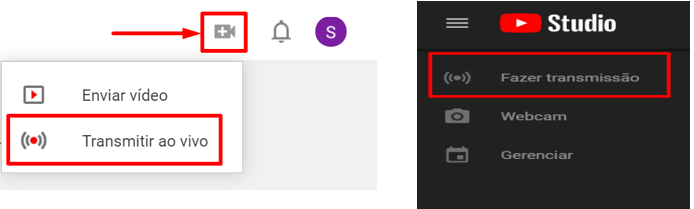 Clique em Transmissão ao vivo depois em fazer transmissão